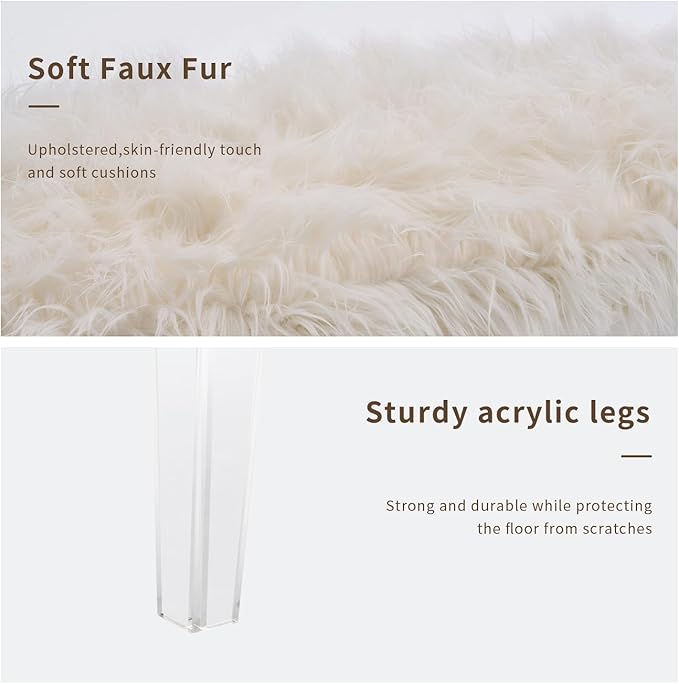Modern White Faux Fur Ottoman Bench - Upholstered Furry Bench with Acrylic Legs for Bedroom, Living Room, Entryway, Vanity or Bed End