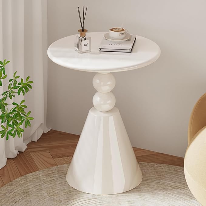 23" Round Side Table, Modern French Style End Table with Pedestal Base, Small Accent Table for Living Room, Bedroom, or Sofa Side, Cream White