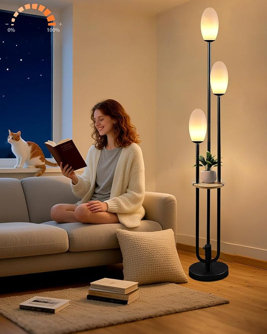 Lightdot Black Dimmable Floor Lamp with Table, 63IN Mid-Century Oval Floor Lamps with 3000K Soft Warm White Bulbs, 3-Lights Candle Holder Style Modern Tall Standing Lamp for Living Room