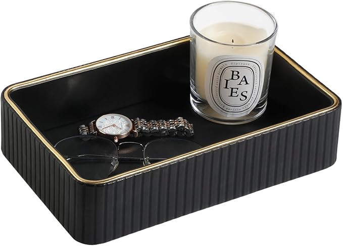 Desk Organizer Tray, PU Leather Valet Tray Nightstand Organizer Cologne Perfume Trays for Men Women, Decorative Vanity Trays Key Bowl Trinket Dish (Black, 9.5" x 6" x 2.2")