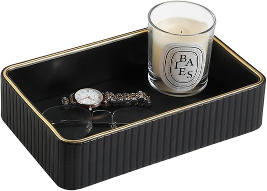 Desk Organizer Tray, PU Leather Valet Tray Nightstand Organizer Cologne Perfume Trays for Men Women, Decorative Vanity Trays Key Bowl Trinket Dish (Black, 9.5" x 6" x 2.2")