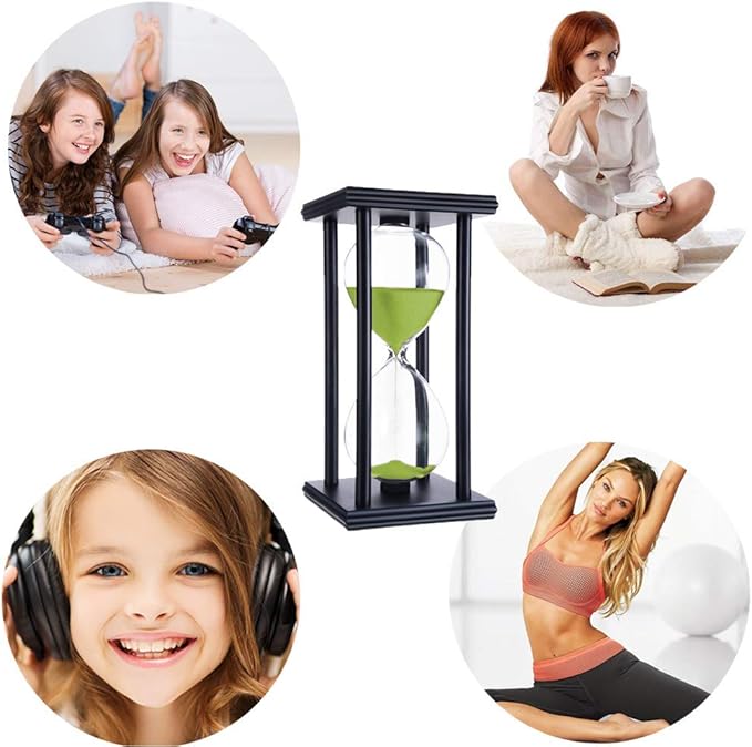 Lodunsyr Hourglass Timer for 60 Minutes Sandglass Timer for Kitchen Living Room Home Office Desk Bedroom Party Festival Coffee Table Book Shelf School Game Sand Timer Clock (Black Frame Green Sand)