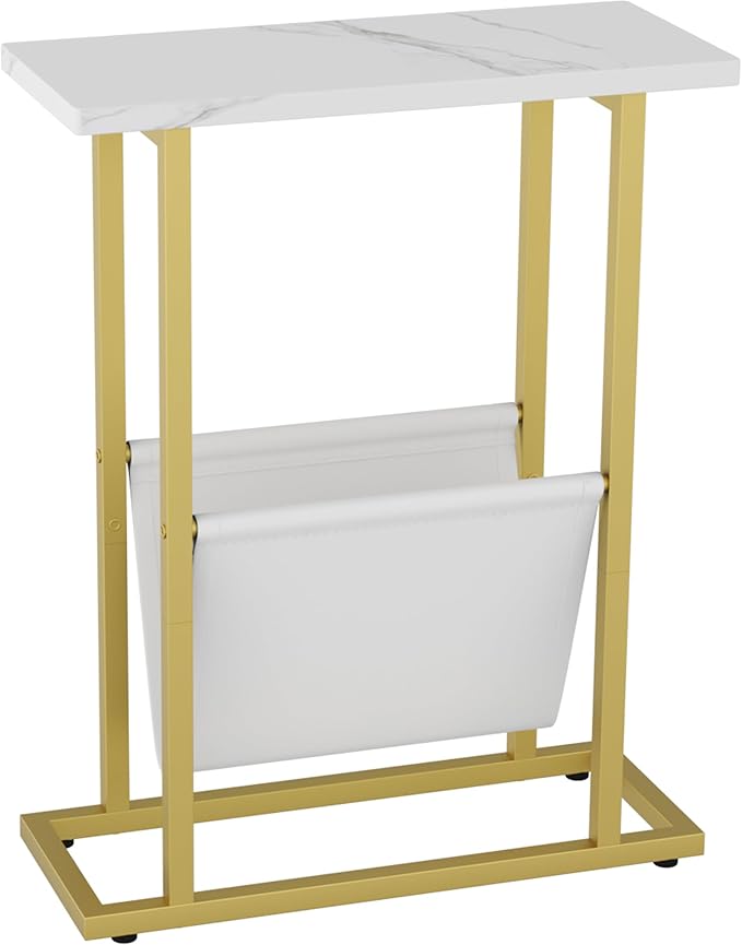 Yusong Narrow Side Table for Small Spaces, Small End Table with Magazine Holder, Skinny Slim Little Thin Table for Living Room, Bedroom, Sofa, White and Gold
