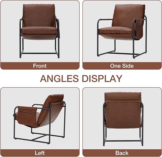 HOMMPA Sling Accent Chair, Steel Frame Lounge Arm Chair Living Room Chair with Side Storage Pocket, Faux Leather Surface Reading Accent Chair Mid Century Modern Bedroom Chair, Brown