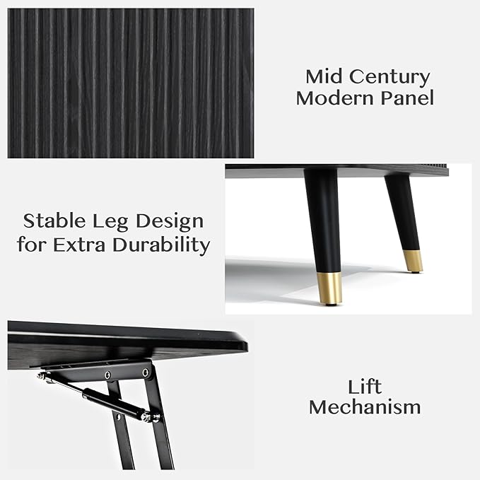 Lift Top Coffee Table with Storage Shelf & Hidden Compartment, Mid Century Modern Fluted Rectangle Dining Table for Living Room, Home Office,Black