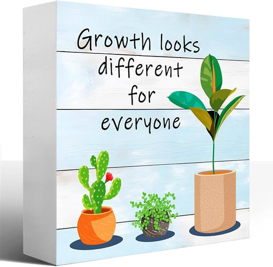 LVQHI Inspirational Wood Block Sign,Growth Looks Different for Everyone Plant Motivational Wooden Block Sign for Home Bedroom Office Desk Table Decor,Inspirational Cheer Up Gift Grain-Blue
