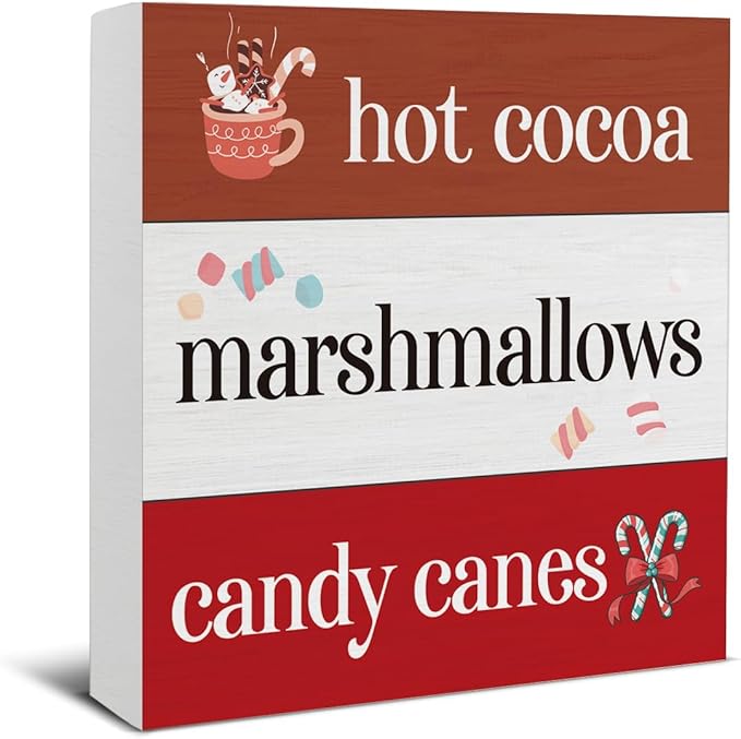 Hot Cocoa Bar Winter Decorations Indoor - Christmas Decor, Hot Cocoa Chocolate Bar Wooden Sign, Home Decor for Desk Table Shelf 5 X 5 Inches