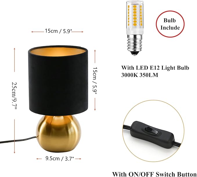 KUNJOULAM Small Bedside Lamp, Mid Century Lamp with Brass Base, Nightstand Table Lamp for Bedroom, Living Room, Bookshelf, Modern Accent Mini Table Lights Black Plastic Fabric Shade