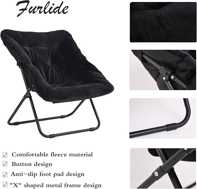 Oversized Folding Faux Fur Chair with Ottoman, X-Large Soft Saucer Chair, Foldable Metal Frame for Bedroom, Living Room, Balcony (Black)