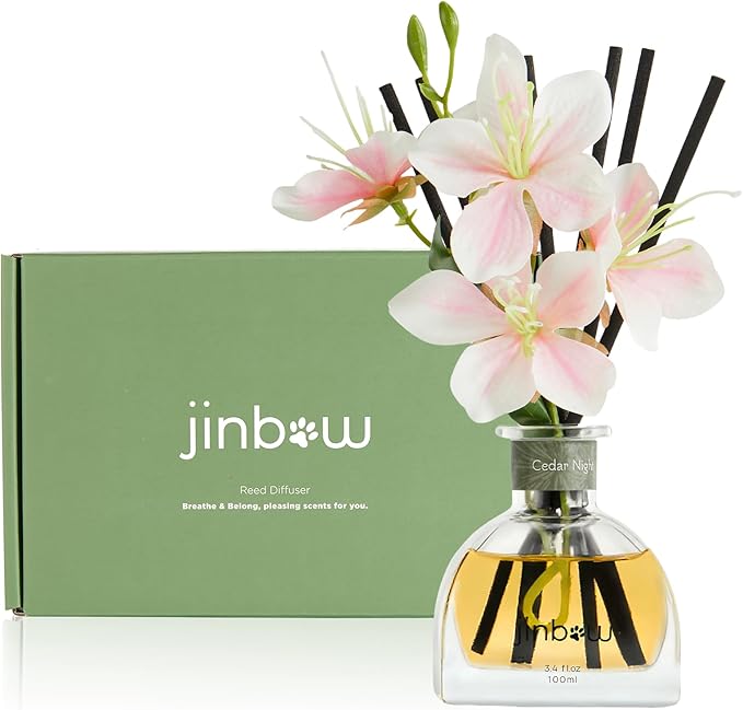 Flower Reed Diffuser Gift Set, Cedar Essential Oil with Scent Sticks, Air Freshener for Bathroom Shelf Office Decor, Home Fragrance for Men and Women, 3.4 oz