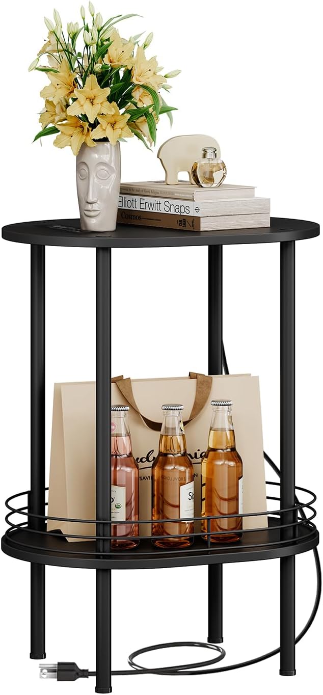 Small Round Side Table with Charging Station,Bedside Table with 2 USB Ports and Outlets, Morden Round Nightstand, Samll Side Table for Living Room,Bedroom, Nursery, Laundry, Black