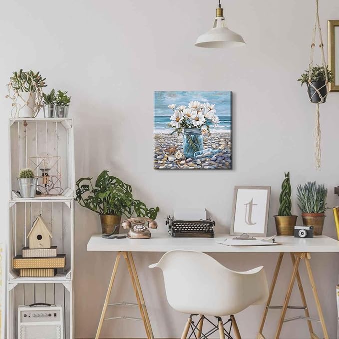 YUEYARIT Bathroom Wall Decor Beach Wall Art Ocean Theme Blue Picture Canvas Print Modern Coastal Artwork Framed Hanging Dining Office Living Room