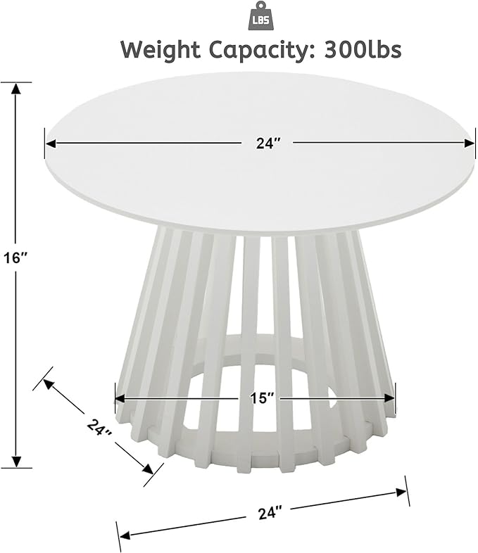 LukeAlon 24" Round Coffee Table, Mid Century Modern Wooden Center Table with Columnar Wood Strips Base Sofa Side Table Circle Tables for Living Room Small Space, White