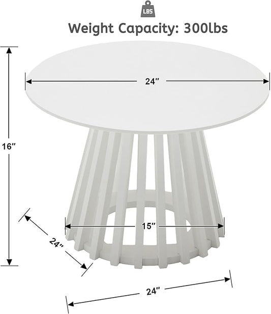 LukeAlon 24" Round Coffee Table, Mid Century Modern Wooden Center Table with Columnar Wood Strips Base Sofa Side Table Circle Tables for Living Room Small Space, White
