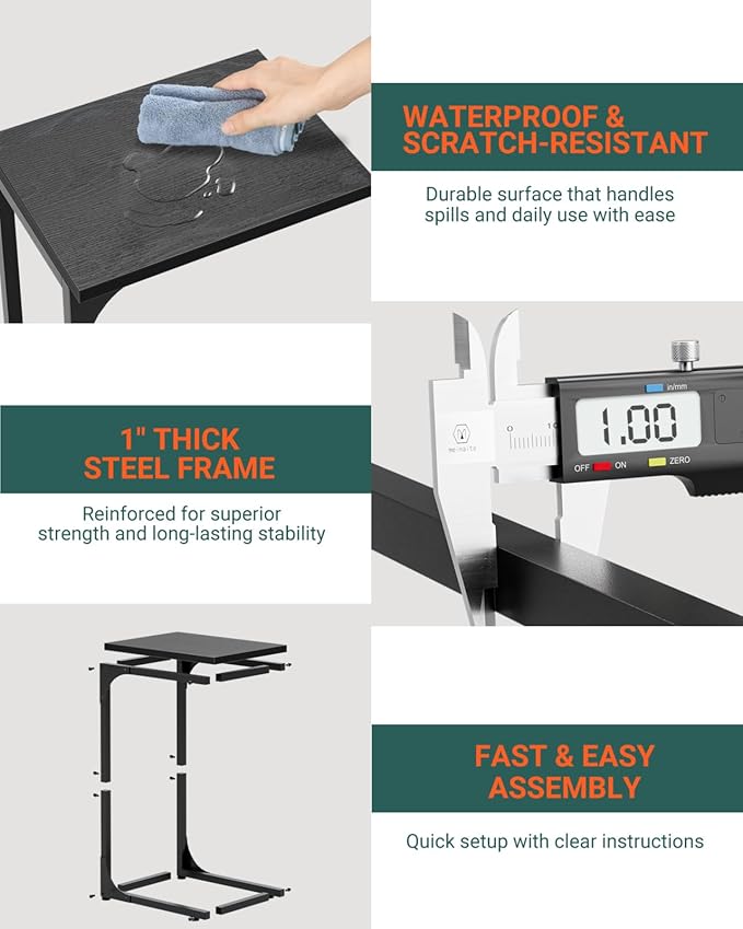 C-Shaped Side Table for Couch - Small Coffee Stand Sofa Tray Desk with Metal Frame and Waterproof Scratch Resistant, Modern End Accent for Living Room, Bedroom, Set of 2, Black