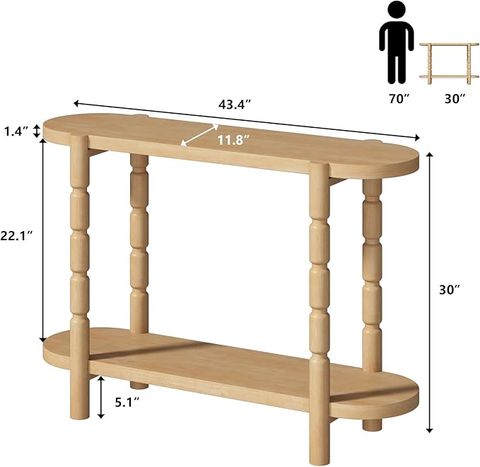 Farmhouse Entryway Table with Storage-43.4" Narrow Console Table with Solid Wood Legs, 2 Tiers Rounded Corners Sofa Tables for Living Room，Hallway, Entrance, Foyer, Natural