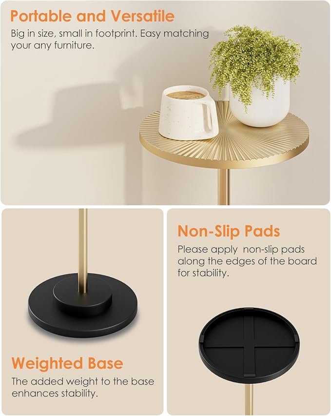 Round Side Table, Small Drink Table for Small Spaces, Modern Accent End Table with Metal Leg for Living Room, Bedroom, Corners, and Office (Gold)