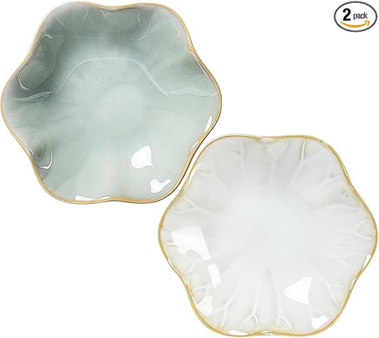 2Pcs Ceramic Jewelry Dish - Lotus Leaf Shape, for Ring Holder Necklace Small Key, Suitable for Mother Friend Sister, Gifts for Women, Cute Plate Trinket Tray, Home Decor (Green & White)