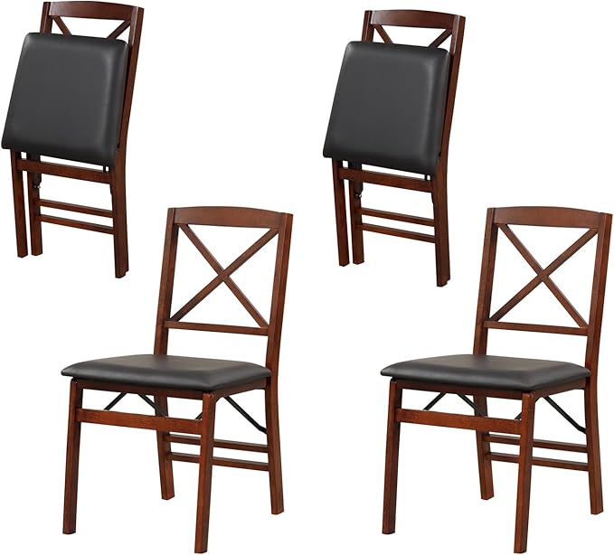 Folding Chairs Set 4, Wooden Foldable No Assembly Chair-Set with Padded Seats, Solid Wood Frame, 400 lbs Weight Capacity, Space Saving Dining Chairs for Small Space, Guests Kitchen (4, X-Shaped Back)