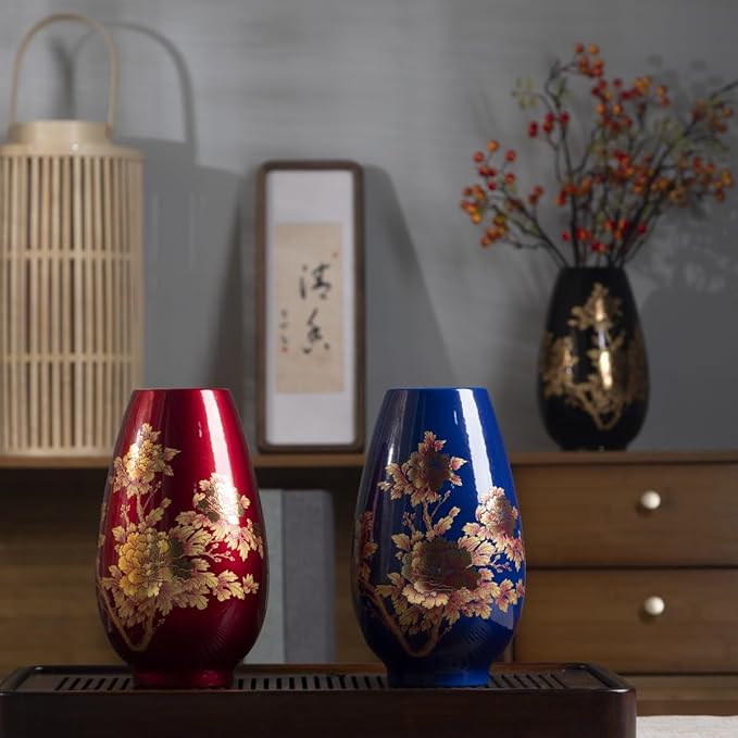 9 Inch Glossy Vintage Ceramic Vase with Floral Design, Flower Vases for Dining Table & Wedding Centerpiece, Handcrafted Home Decor, Boho Decoration for Living Room, Office, Entryway,Pampas Grass(Blue)