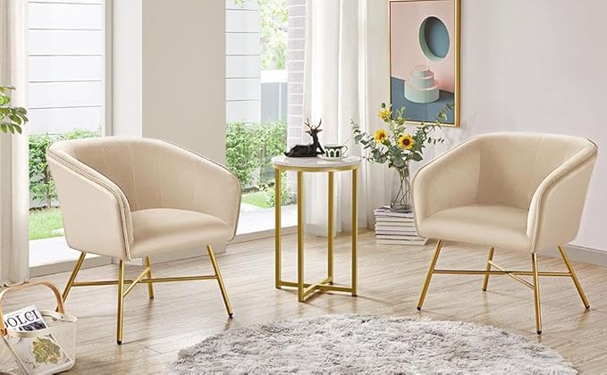 Yaheetech Faux Marble Side Table, 16in Modern Accent Sofa Table, Round Tabletop, Sturdy Metal Legs for Living Room, Mustard Gold