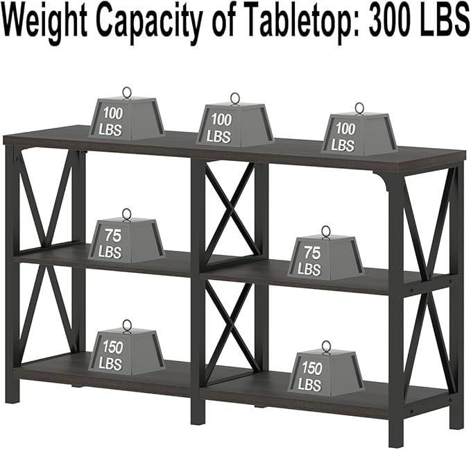 IBF Long Console Table, Industrial Entryway Table with Storage Shelves, Modern Metal Wood Sofa Table Behind Couch, Farmhouse 3 Tier Foyer Hallway Table for Entry Living Room, Dark Gray Oak, 63 in