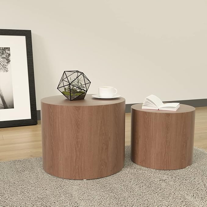Kevinplus Modern Coffee Nesting Side End Table Set of 2, Small Round Circle Midcentury Bed Side for Living Room Bedroom Office (Walnut - Round)