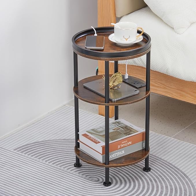 Small Round Side Table with Charging Station for Small Spaces, 3-Tier Round Accent Table with USB Ports & Power Outlets, Corner Table Sofa End Table for Living Room Bedroom (USB Charger, Rustic Brown)
