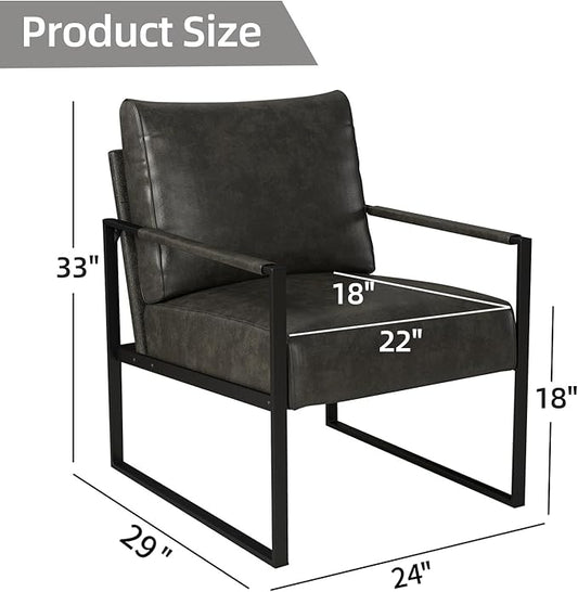 INZOY Leather Accent Chair with Metal Frame Set of 2, Comfy Living Room Chair with Plump Backrest and Cushion, Mid Century Modern Chair with Sturdy Structure, Easy to Clean, Dark Grey