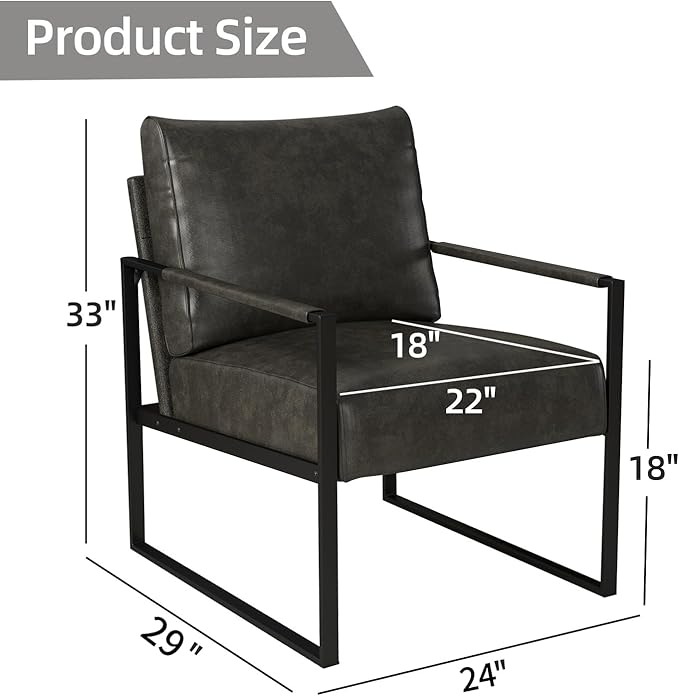 INZOY Leather Accent Chair with Metal Frame, Comfy Living Room Chair with Plump Backrest and Cushion, Mid Century Modern Chair with Sturdy Structure, Easy to Clean, Dark Grey