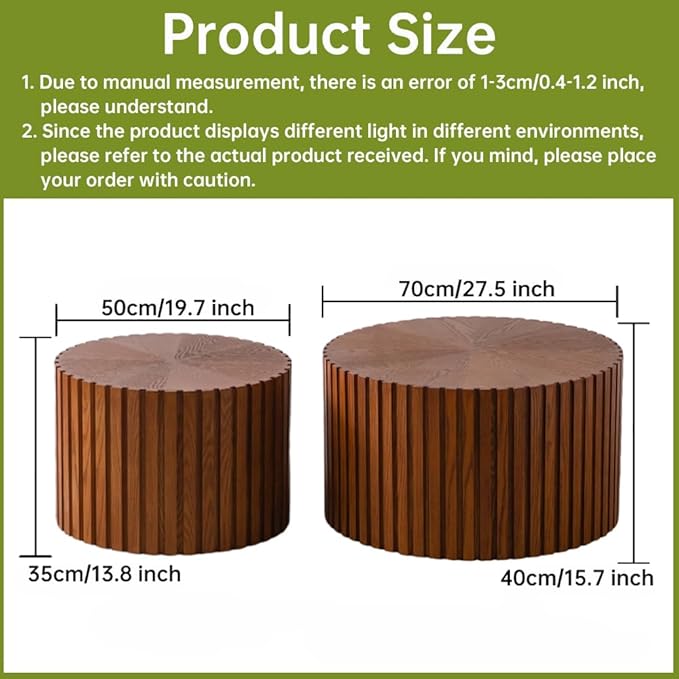 Round Nesting Coffee Table Set of 2 Small Round Coffee Tables for Living Room Modern Fluted Coffee Table Circular End Table Side Table for Small Spaces No Assembly (Brown, 27 in)