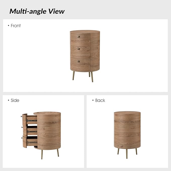 HULALA HOME Round End Table with 3 Storage Drawers, Mid Century Modern Sofa Side Table with Metal Legs, Farmhouse Wood Small Side Table for Living Room, Bedroom and Small Spaces, Gray