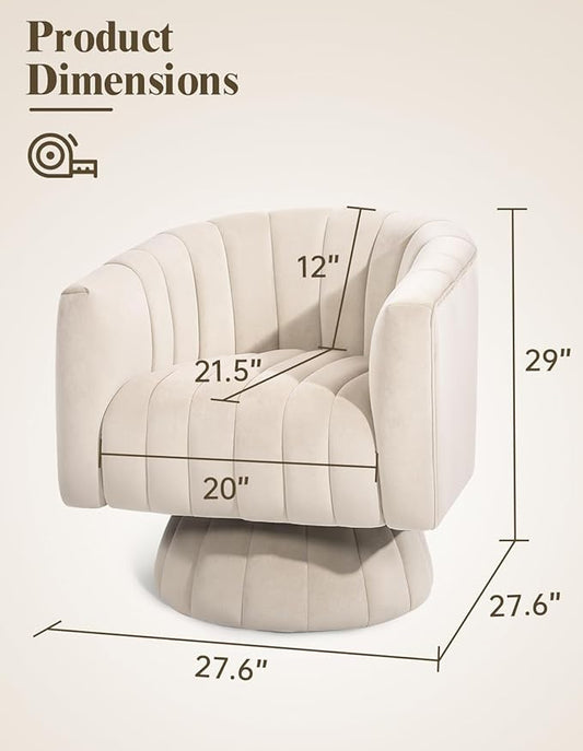 Kromax Swivel Accent Chair with Armrest, Mid Century 360 Degree Swivel Barrel Chair Overstuffed Tufted Velvet, Ideal for Living Room, Bedroom, Reading Room, Beige