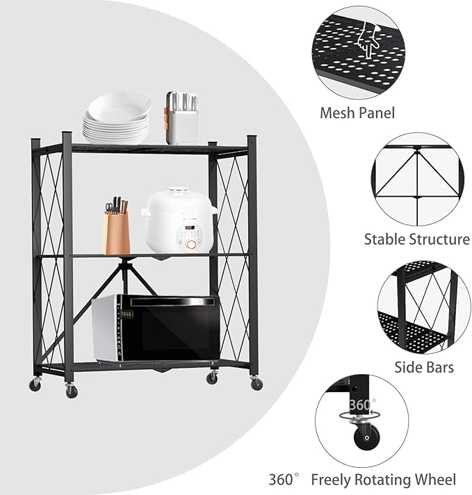 3 Tier Foldable Storage Shelf with Wheels, Heavy Duty Garage Shelving Unit Loads 550 LBS, Metal Steel Collapsible Shelves, Rolling Standing Utility Rack for Kitchen, Pantry, Office, Black