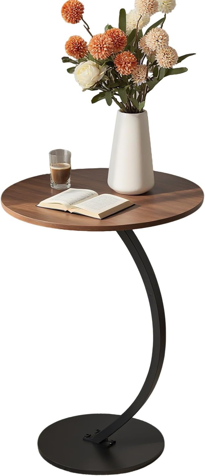 C-Shaped End Table, Round End Table for Living Room，Small Side Table for Couch, Retro Sofa Table with Metal Frame for Bedroom, Bedside Nightstand Rustic (Walnut)