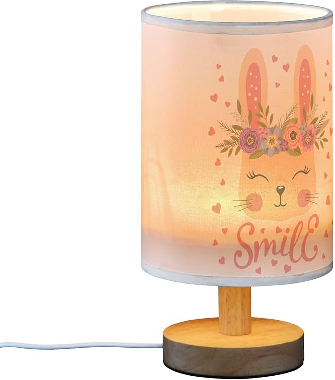Table Lamp Easter Bunny in Floral Wreath Heart Nightstand Lamp with Wood Base Fabric Lamp Shade Bedside Desk Lamp for Living Room Bedroom Kids Room Office