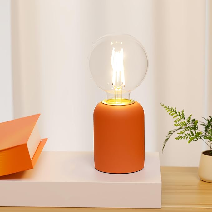 Mini Modern Orange Red Concrete Bedside Table Lamp, 3.5 x 3.5 x 8.5 Inch Nightstand Lamps, with Spherical Bulb Round Side Table Lamp for Bedroom Living Room Entryway Table Lamps