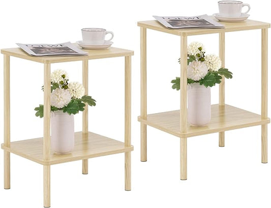 Apicizon 2 Tier End Table Set of 2, Small Side Table with Solid Wood Legs, Boho Bedside Table with Storage Shelf, Nightstand for Small Spaces, Bedroom, Living Room, Entryway, Light Natural