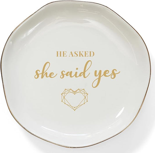 HOME SMILE He Asked and She Said Yes Ring Dish-Wedding Engagement Gifts for Women Bride to Be,Ceramic White