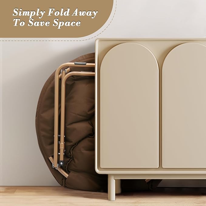 Athena Collection Saucer Chair with Ottoman Comfy Chair for Bed Room Living Room Folding Round Cozy Chair Faux Fur Metal Frame Foldable Lazy Chair Accent Chair Reading Chair Set of 2, Brown