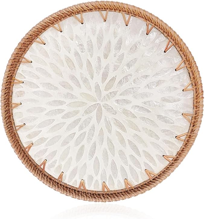 Shellac Rattan Tray with Mother of Pearl Inlay, Round Decorative Serving Tray for Home Décor Coffee Table Storage and Display, 100% Natural Materials-Ottoman Tray - White 12"
