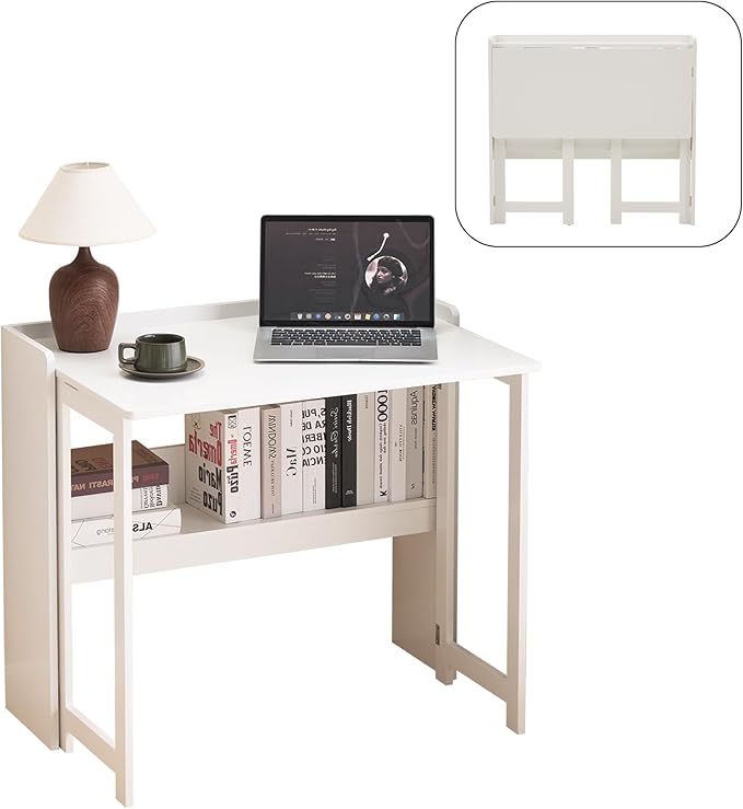 Folding Table with Storage Shelf,32.7 Inch Foldable Computer Desk for Small Spaces,Small Writing Desk for Bedroom Home Office Dorm and Apartment (White)
