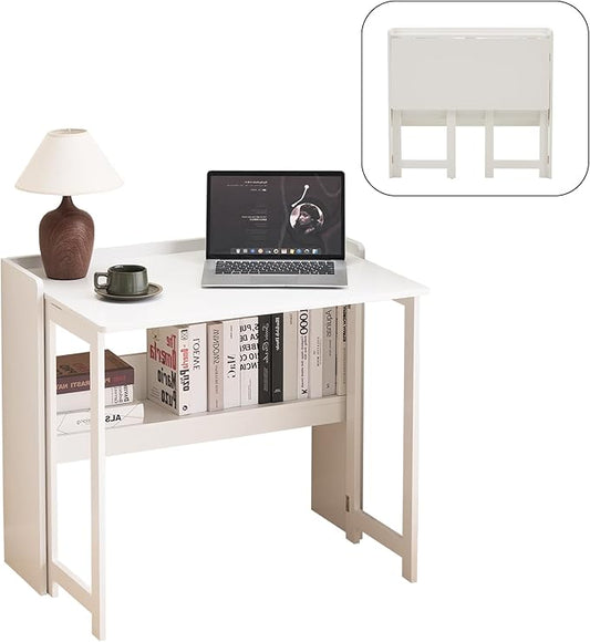 Folding Table with Storage Shelf,32.7 Inch Foldable Computer Desk for Small Spaces,Small Writing Desk for Bedroom Home Office Dorm and Apartment (White)