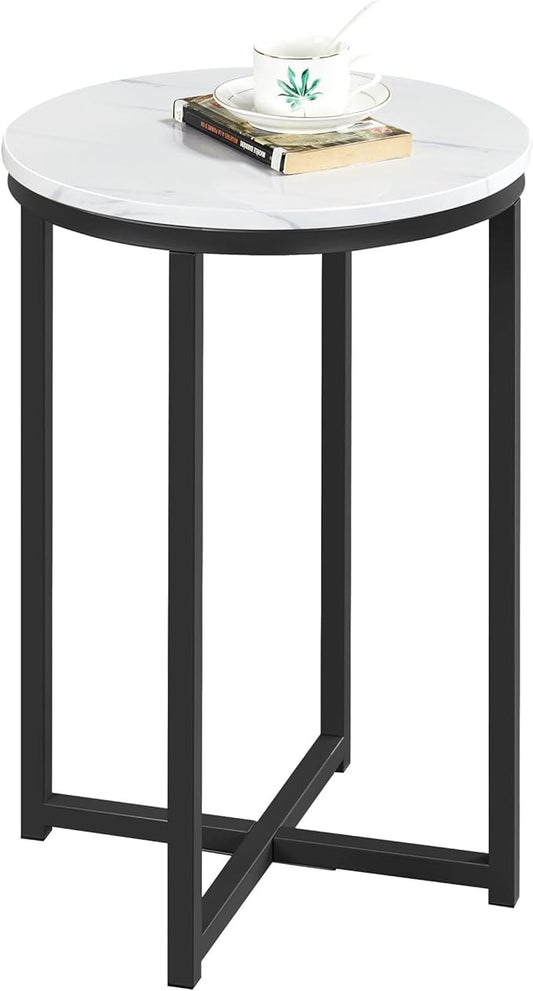Yaheetech Faux Marble Side Table, 16in End Table Modern Accent Sofa Table w/X-Based, Round Tabletop, Sturdy Metal Legs for Living Room, Black