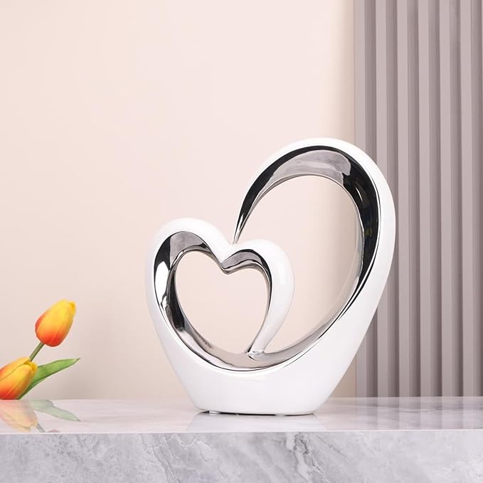 LCCCK Porcelain Double Heart Decor,White and Silver Sculpture Home Decor for Living Room Entryway Coffee Dining Table Shelves, Wedding Anniversary, Valentine's Gift for Couples & Lovers Modern