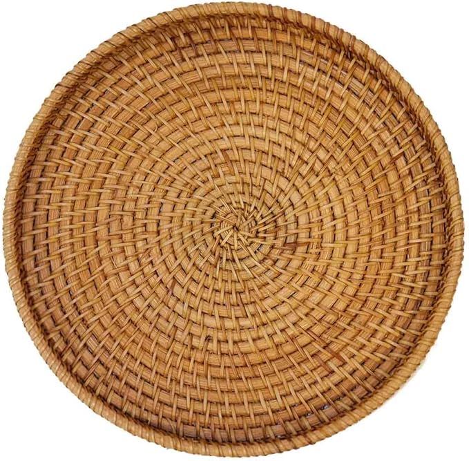 Hand Woven Rattan Serving Basket 8.7 inch - Round Platter for Fruit, Snacks, Appetizers, Bread, Breakfast, BBQs, Parties - Decorative Tray for Living Room, Kitchen, Dining Decor (Small)