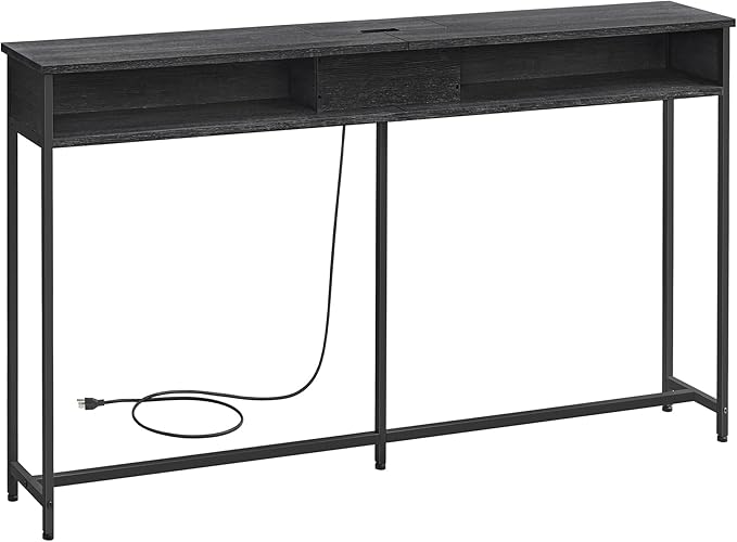 VASAGLE 55.1-Inch Console Table with Outlet and Shelves, Sofa Table with Charging Station, Behind Couch Table Skinny, Entryway Table for Hallway, Living Room, Charcoal Gray and Ink Black ULNT120B22