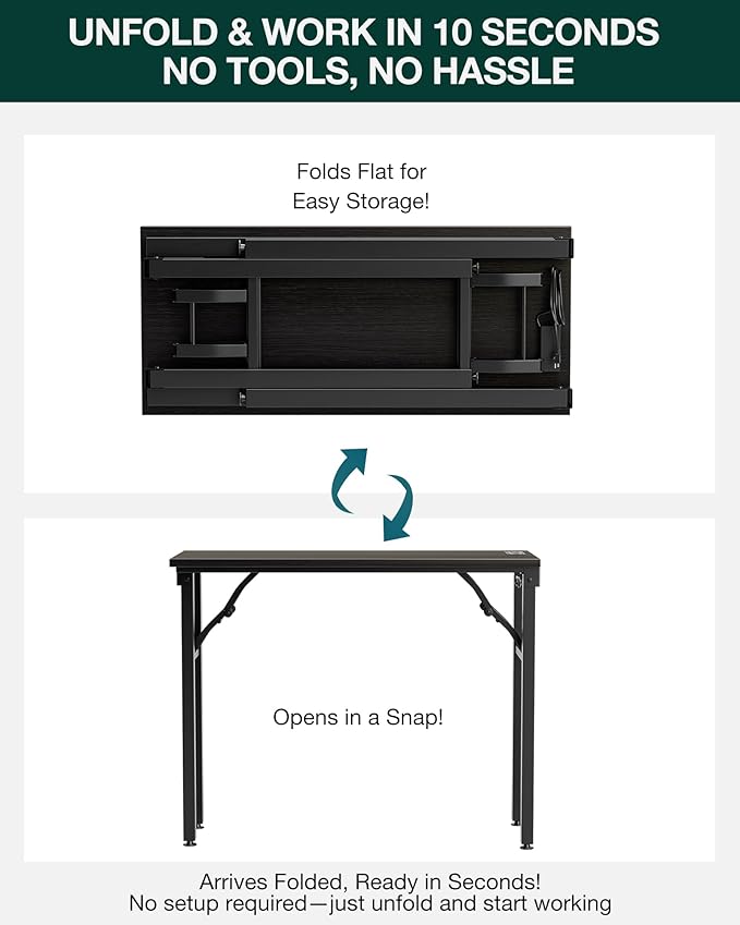 Frylr Small Folding Computer Desk – 35.8 Inch Portable Table for Craft and Study, Lightweight Desk for Small Spaces, Foldable Laptop Table Built-in AC/USB Outlets for Convenience, Charcoal Wenge