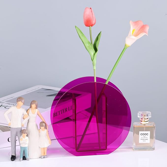 Purple Acrylic Vase Round for Modern Aesthetic Room Decor,Plastic Decorative Vase for Bedroom,Living Room Table - Hot Pink Acrylic Vase Decorative Centerpiece for Home or Wedding Office
