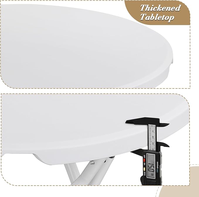 Athena Collection 2.6ft Plastic Folding Dining Table, Portable Round Card Table with Steel Legs for Indoor Outdoor, Foldable Heavy Duty for Camping Party, White